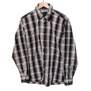 J. Ferrar Dress Shirt Mens L 16-16.5 Purple Gray Plaid Modern Fit Button Down